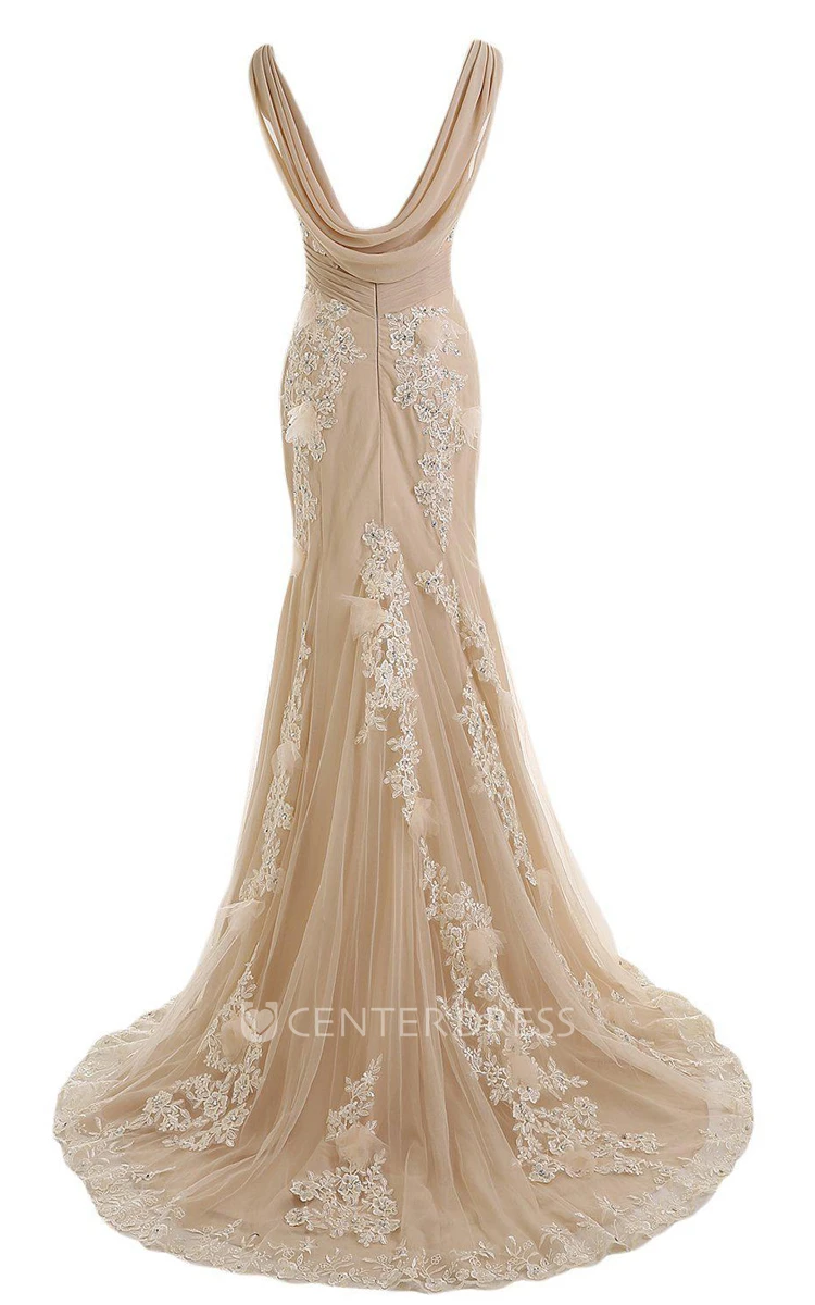 V-neck Mermaid Gown With Appliques and Pleats