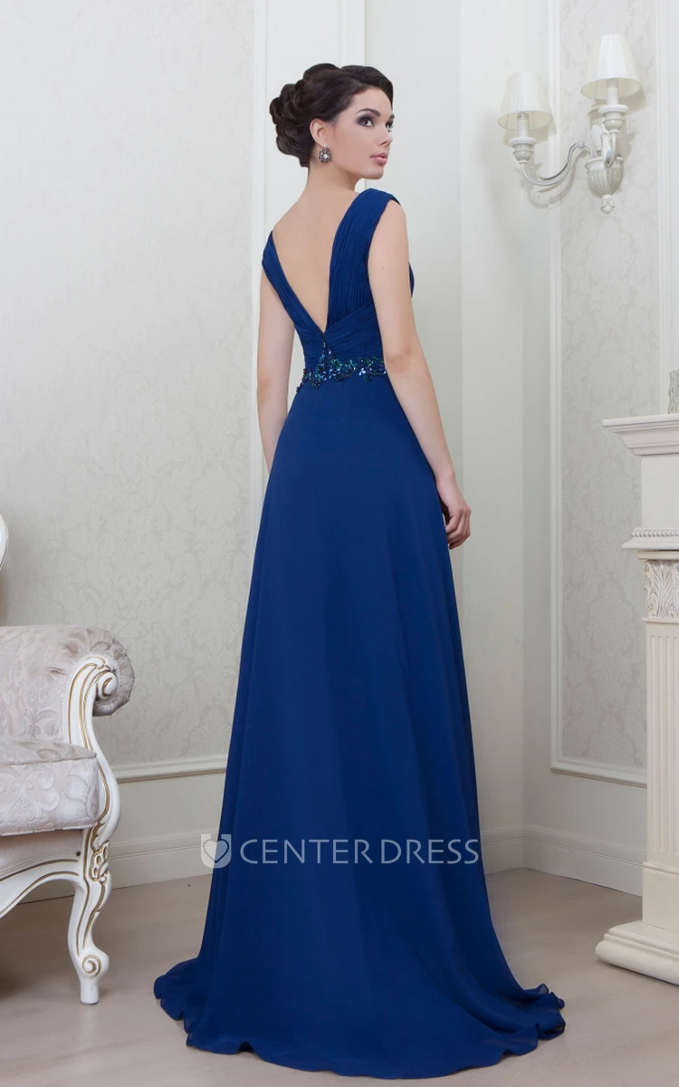 A-Line Sleeveless V-Neck Floor-Length Ruched Chiffon Evening Dress With Beading