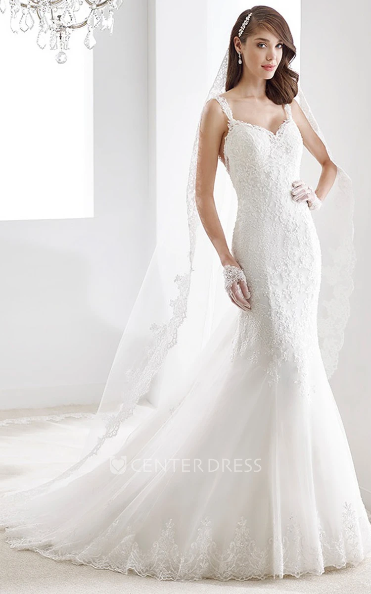 Sweetheart A-Line Pleated Lace Gown With Pearl Belt And Brush Train