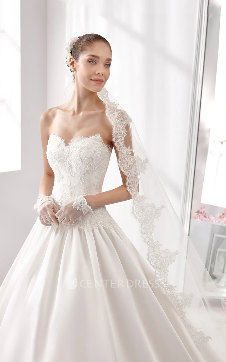 Strapless Appliqued A-Line Wedding Dress With Notched Neckline And Lace Corset