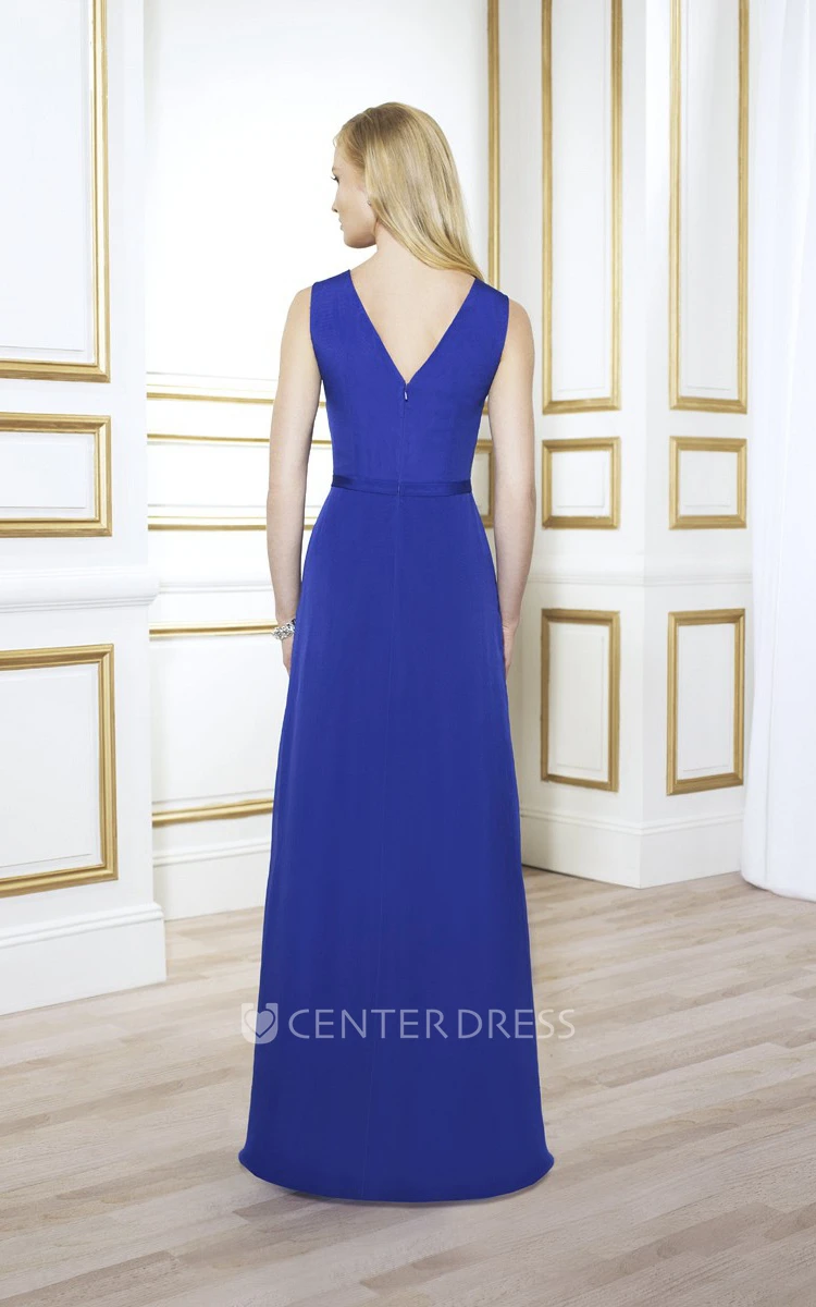 Sleeveless V-Neck Chiffon Mother Of The Bride Dress With Draping And Cape