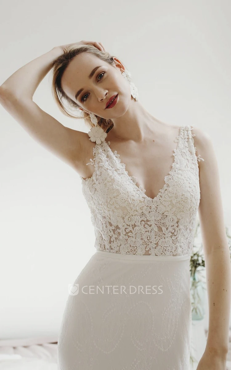 Sleeveless Elegant Sheath Plunging V-neck Lace Bridal Gown With Deep V-back And Buttons