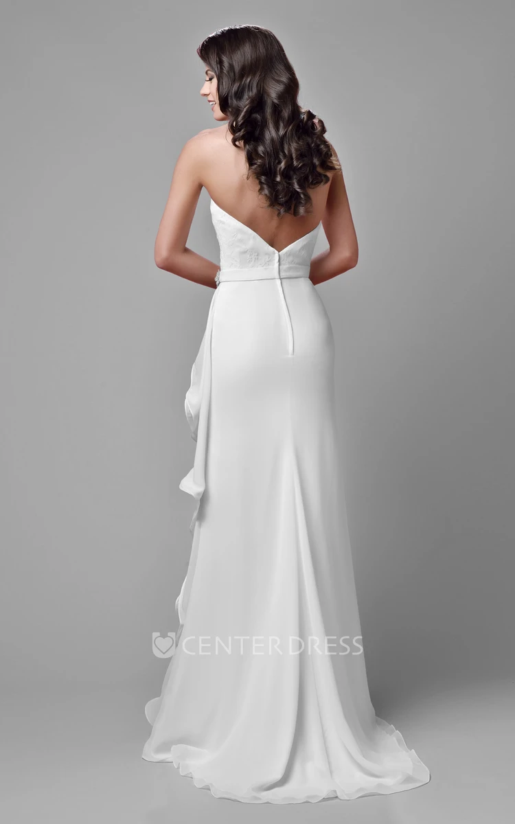 Lace Bodice Sheath Chiffon Wedding Dress Featuring Draped Ruffles