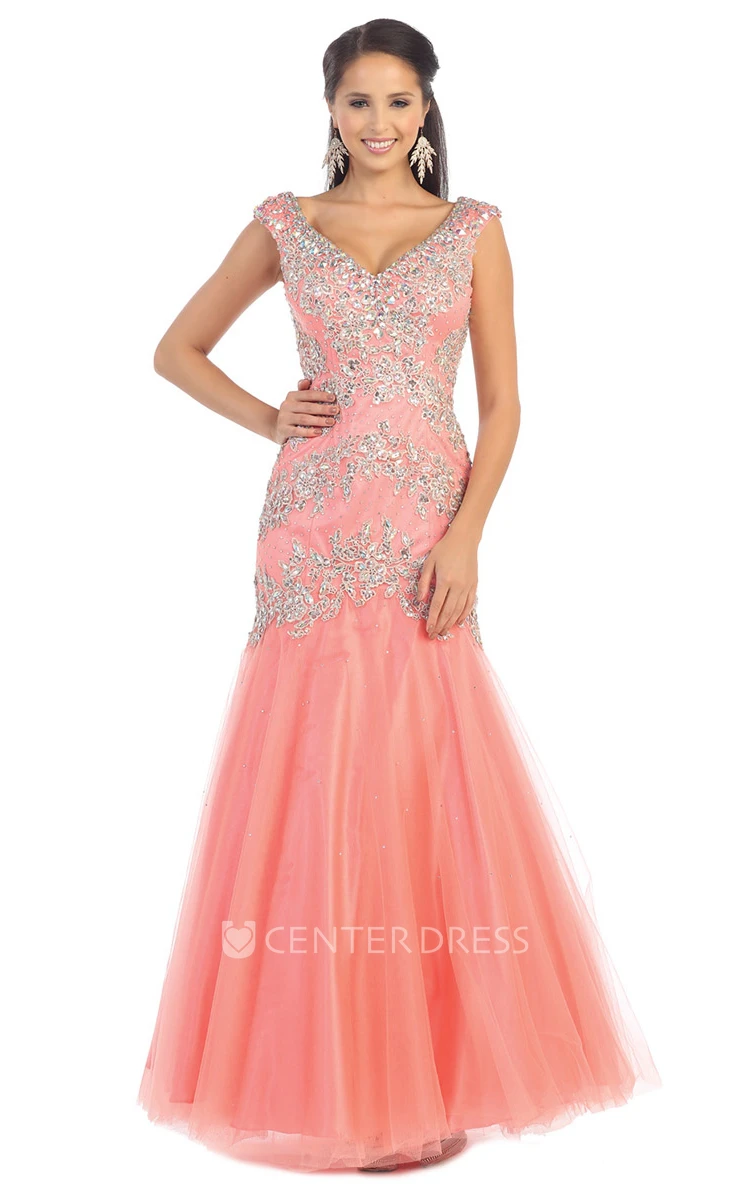Mermaid Long V-Neck Tulle Low-V Back Dress With Beading And Pleats