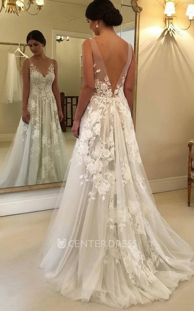 Romantic V-neck Sleeveless Ethereal Illusion Straps Floor-length Lace Petals Mesh Spring Wedding Dress
