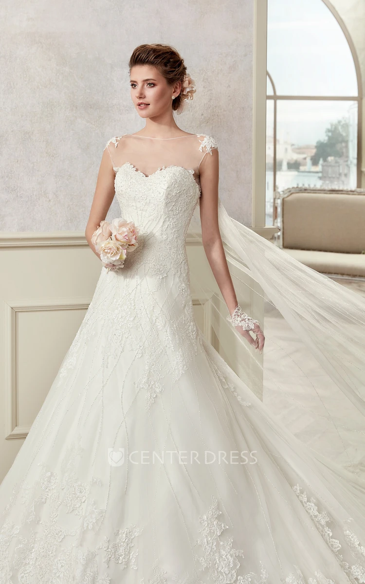 Jewel-Neck Lace A-Line Bridal Gown With Fine Appliques And Cap Train