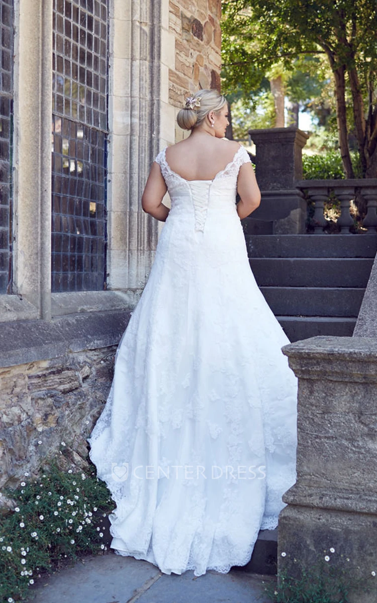 Off-The-Shoulder Lace Plus Size Wedding Dress With Lace Up
