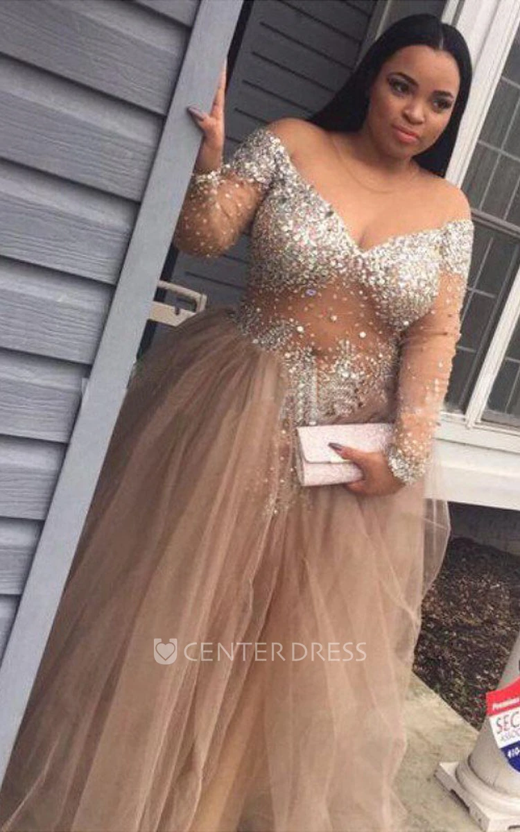 Illusion Long Sleeve Floor-length A-Line Ball Gown Off-the-shoulder Tulle Dress