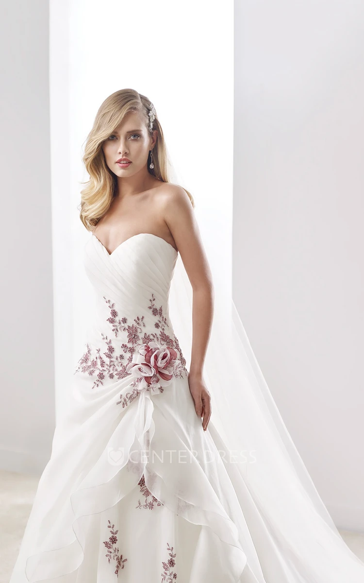 Sweetheart Pleated A-Line Floral Wedding Dress With Lace-Up Back And Side Draping Ruffles
