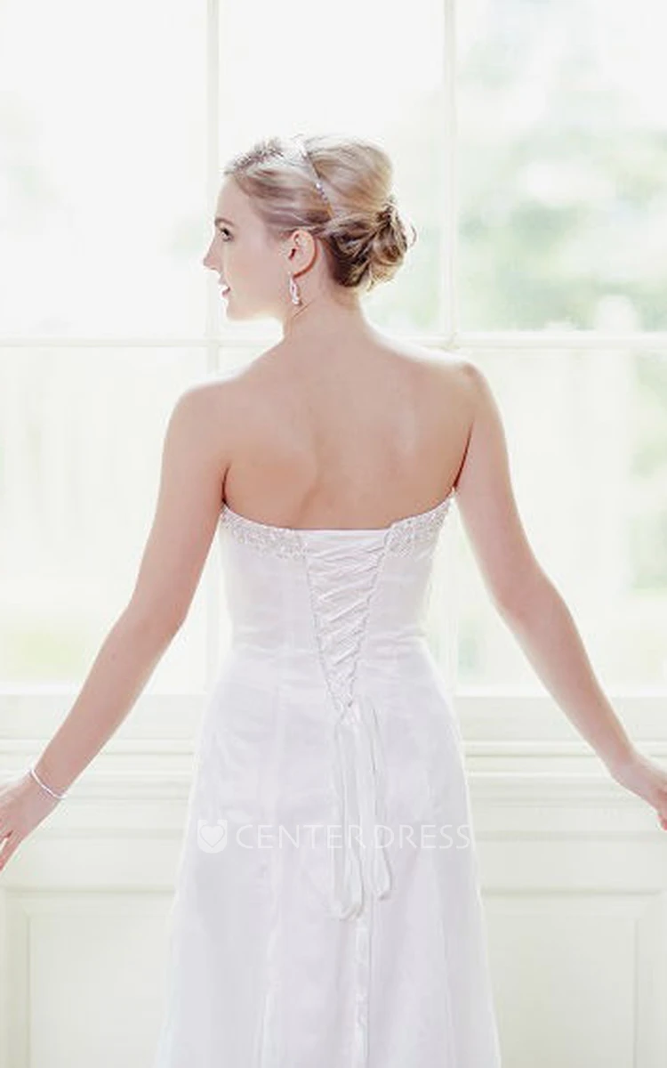 A-Line Draped Sweetheart Long Satin&Tulle Wedding Dress With Beading And Corset Back