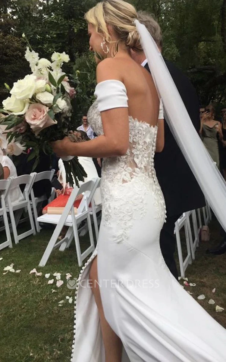 Satin Sexy Split Front Mermaid Off The Shoulder Lace Wedding Dress Satin Sexy Split Front Mermaid Off The Shoulder Lace Wedding Dress