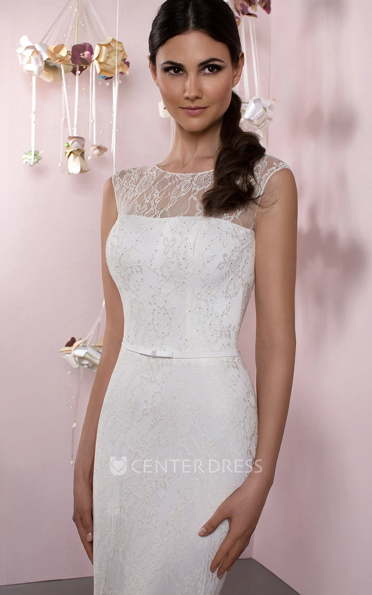 Bateau Floor-Length Appliqued Lace Wedding Dress With Brush Train And V Back