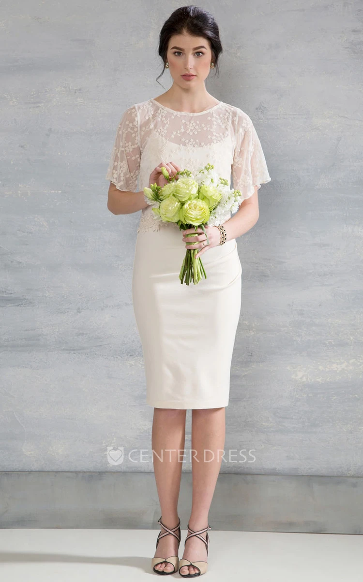 Scoop Knee-Length Poet-Sleeve Appliqued Jersey Wedding Dress With Cape