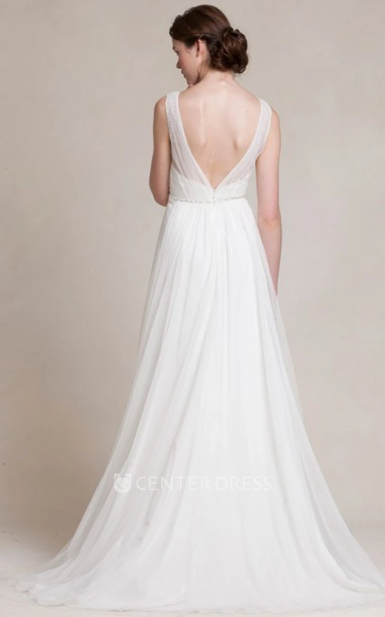 A-Line Jeweled V-Neck Long Sleeveless Tulle Wedding Dress With Pleats