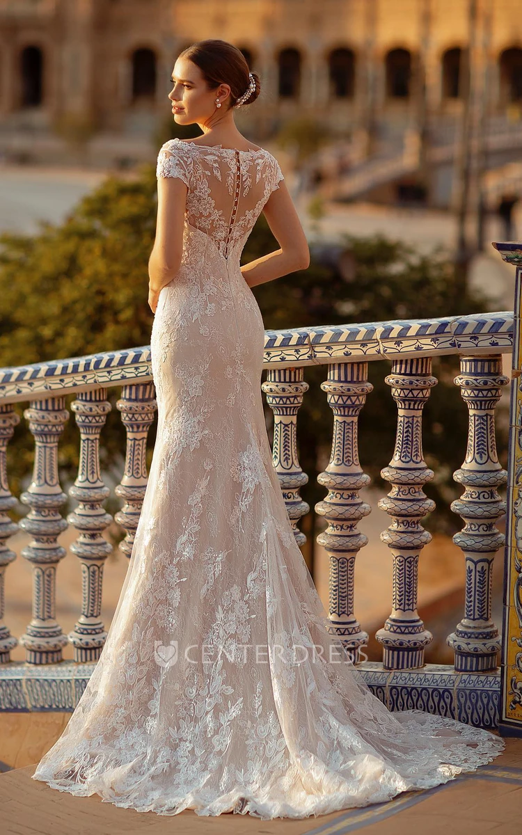 Trumpet Lace V-neck Short Sleeve Floor-length Wedding Dress With Button Back