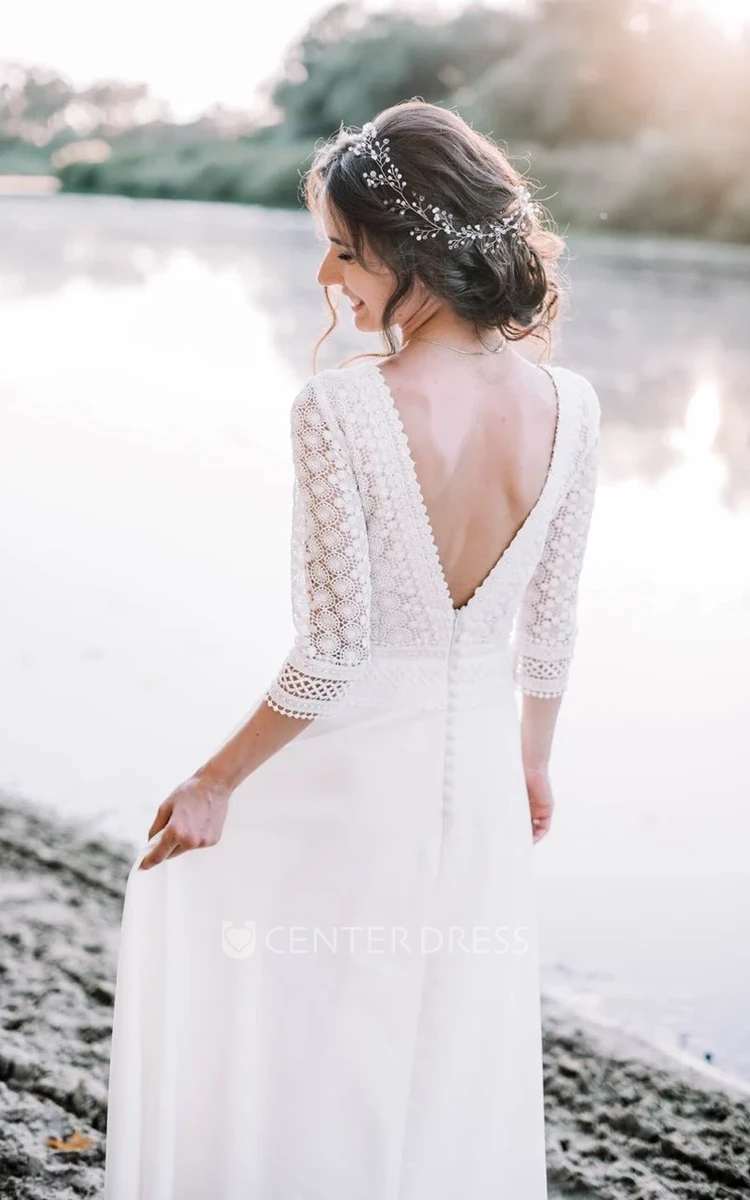 Country Lace Boho 3/4 Sleeve A Line Spring Wedding Dress Modern Deep V Back Floor Length Bridal Gown