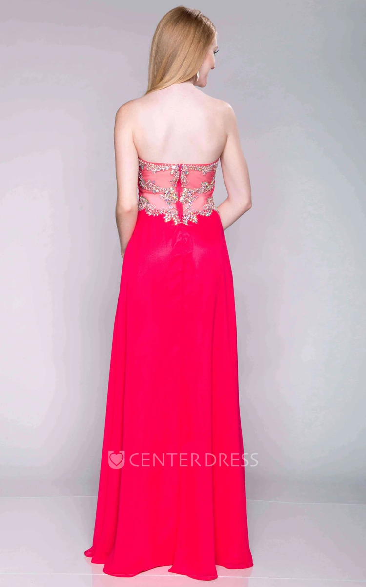 Sweetheart Ruched Bodice Chiffon Prom Dress With Side Slit And Pearls