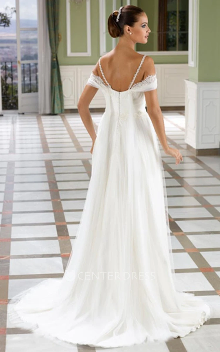 Floor-Length Appliqued Spaghetti Tulle Wedding Dress With Ruching And V Back