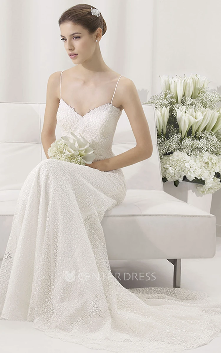 Spaghetti Straps Sweetheart Lace Gown With Waist Flower