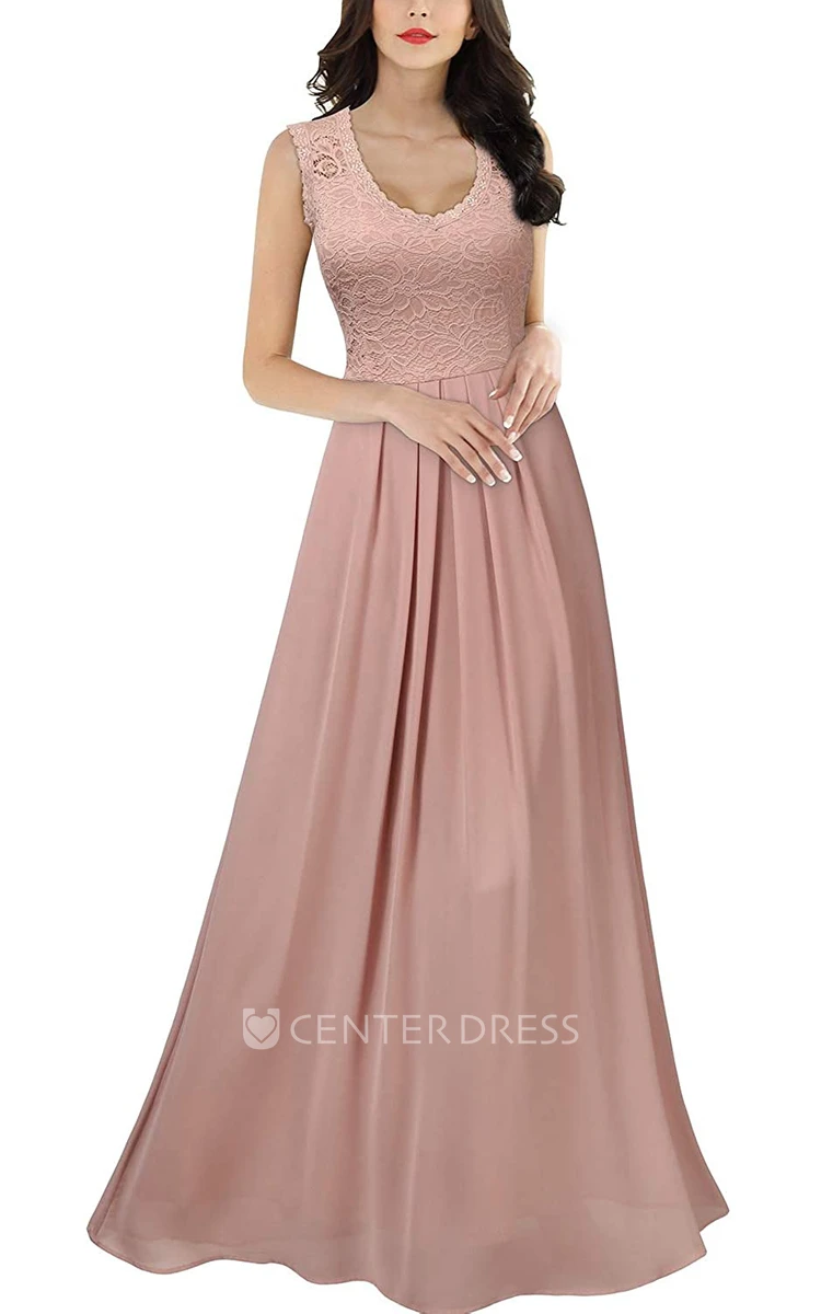 Romantic Sleeveless Lace Chiffon Scalloped A Line Evening Dress With Ruffles