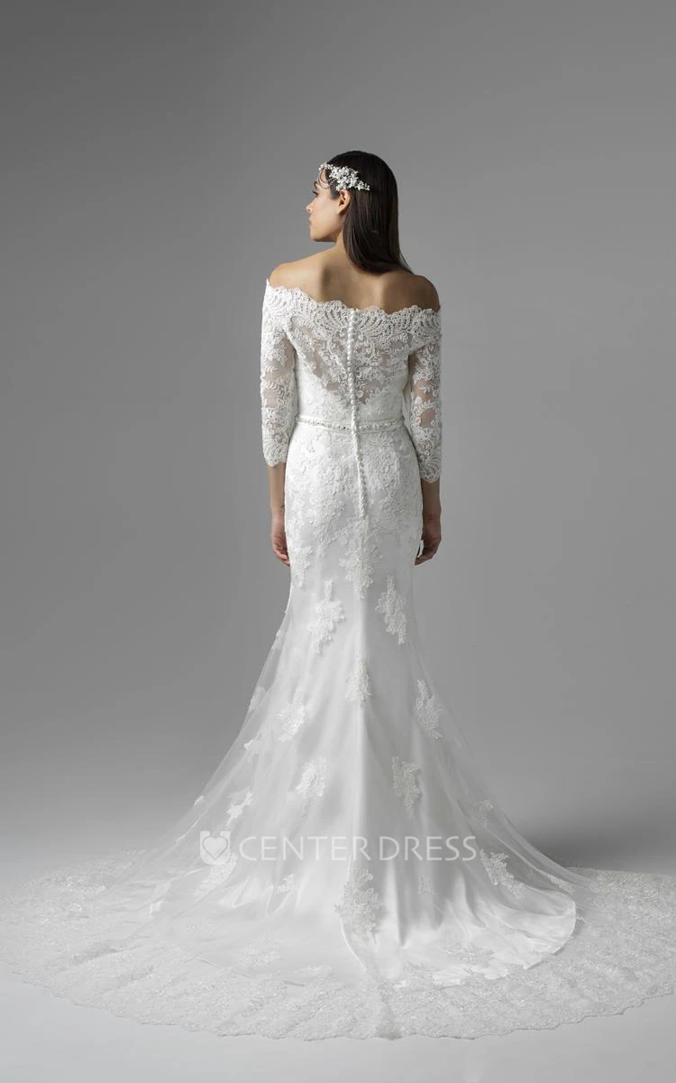Trumpet Sleeveless Floor-Length V-Neck Appliqued Lace Wedding Dress With Court Train And Deep-V Back