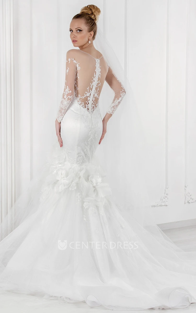 Floor-Length Mermaid Long Sleeve Scoop Neck Appliqued Tulle Wedding Dress