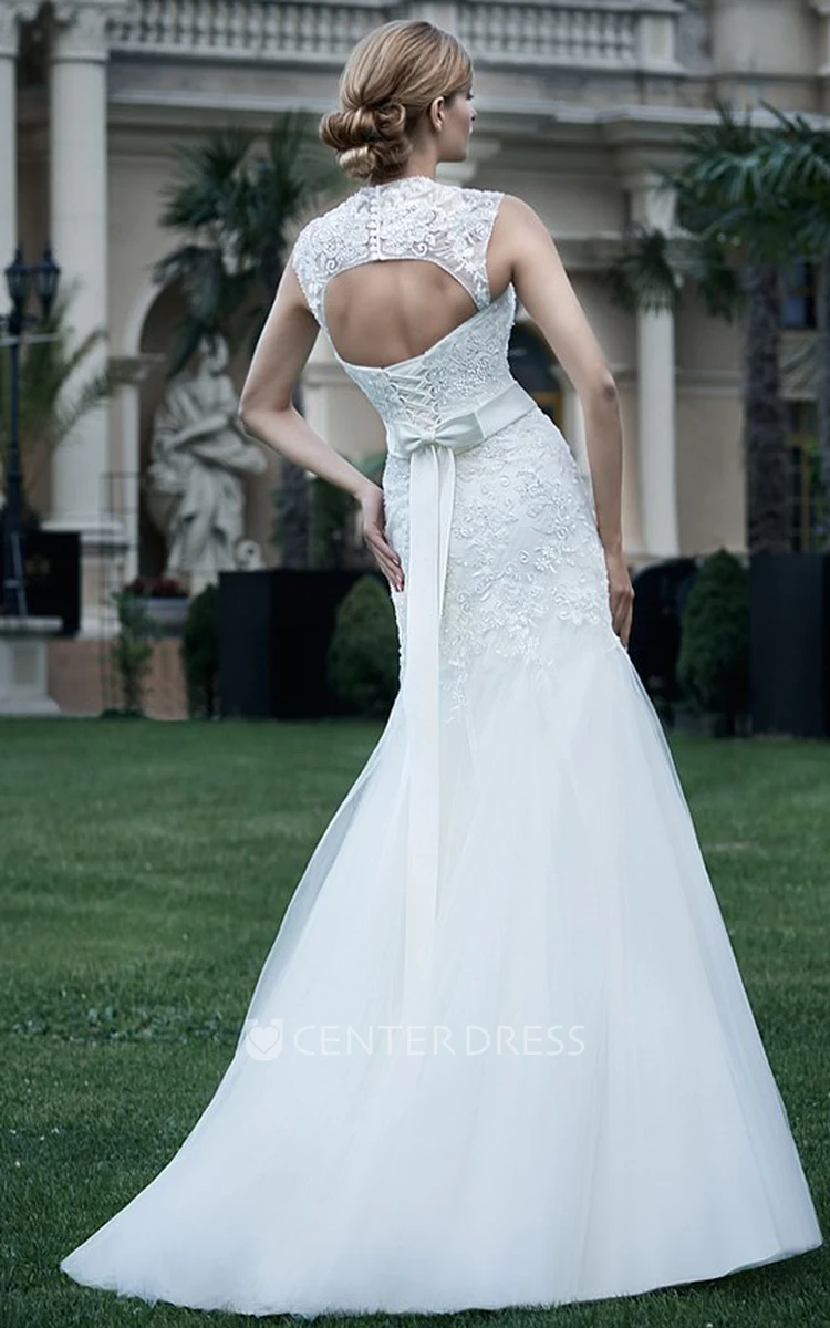 Mermaid Appliqued Maxi Queen-Anne Tulle&Lace Wedding Dress With Bow