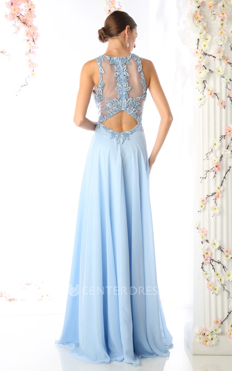 A-Line Long Jewel-Neck Sleeveless Chiffon Illusion Dress With Appliques And Beading