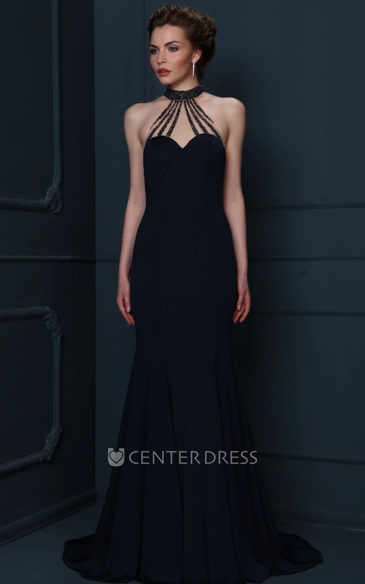 Sheath Floor-Length Sleeveless Beaded Jersey Evening Dress