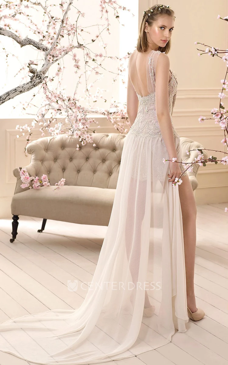 Sheath Appliqued Sleeveless Long V-Neck Lace Wedding Dress With Split Front