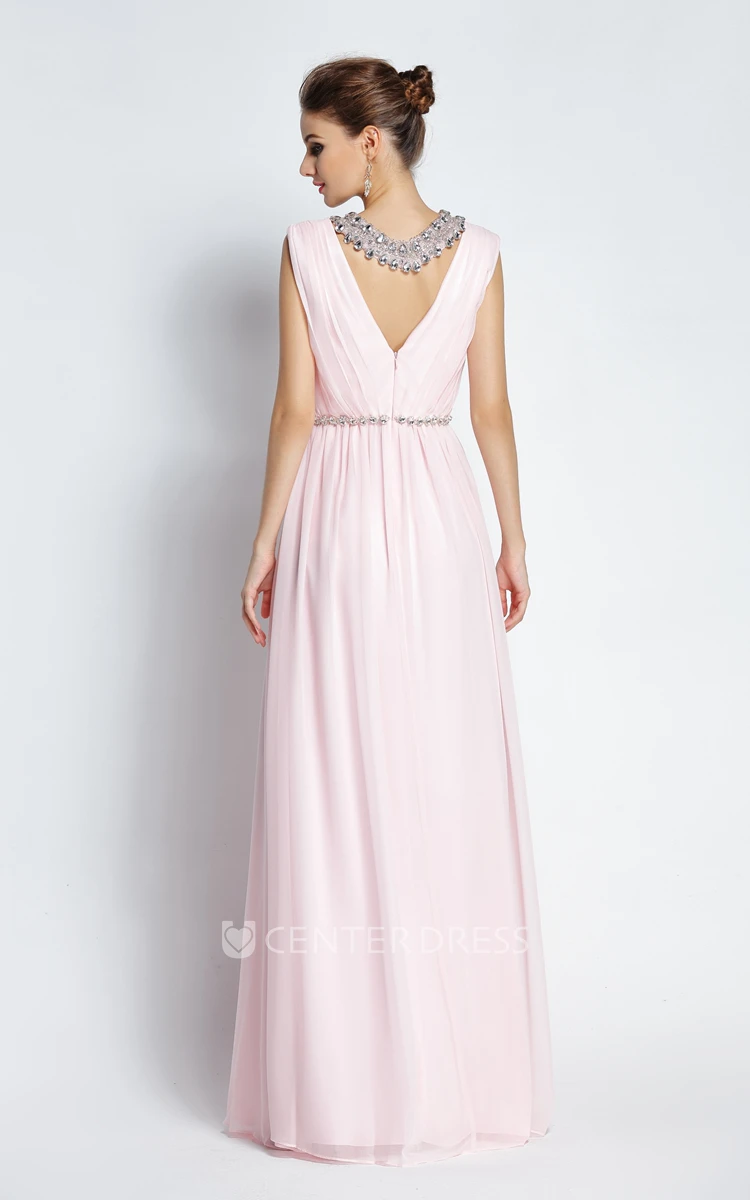 Floor-length Sleeveless A-Line Jewel Chiffon Prom Dress with Beading and Ruching