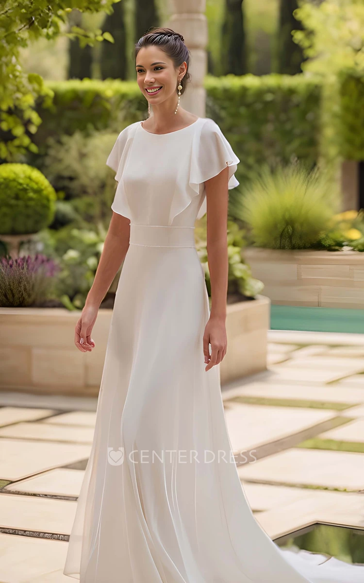 Modest Simple A-Line Chiffon Butterfly Sleeve Wedding Dress Romantic Elegant Round Neck Crossed Shoulder Straps Bridal Gown