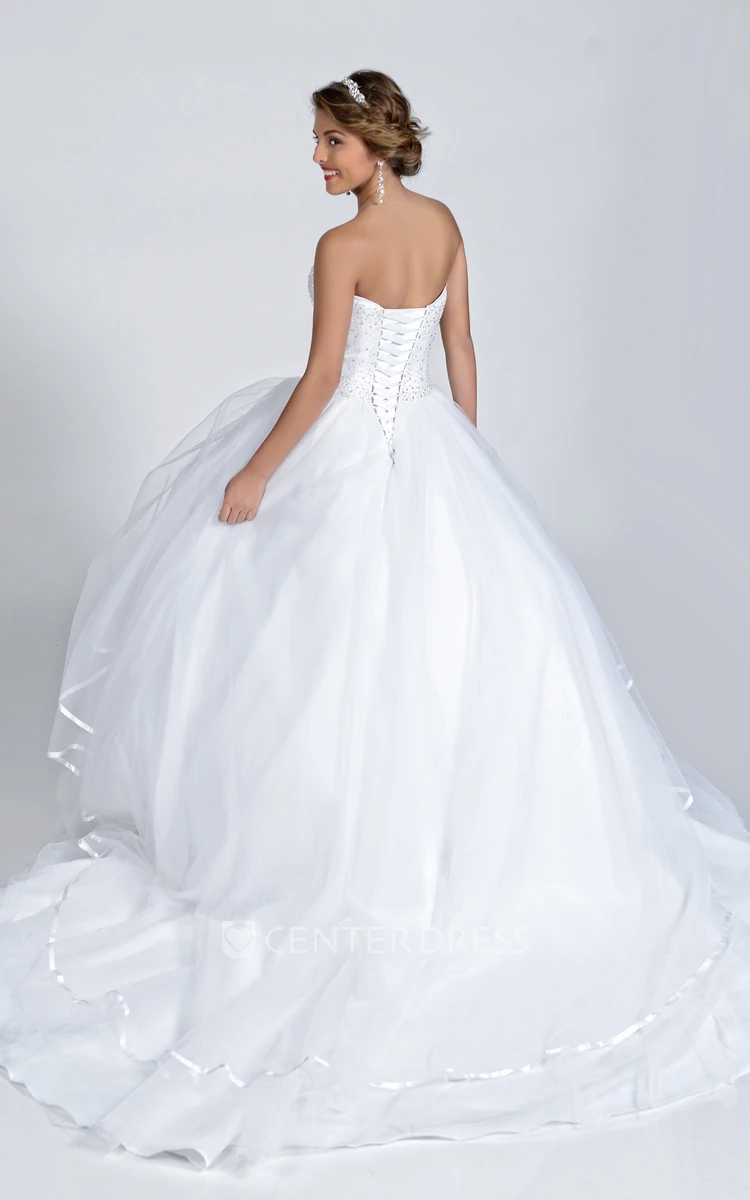 Organza Strapless Ball Gown With Lace-Up Back And Sequined Bodice