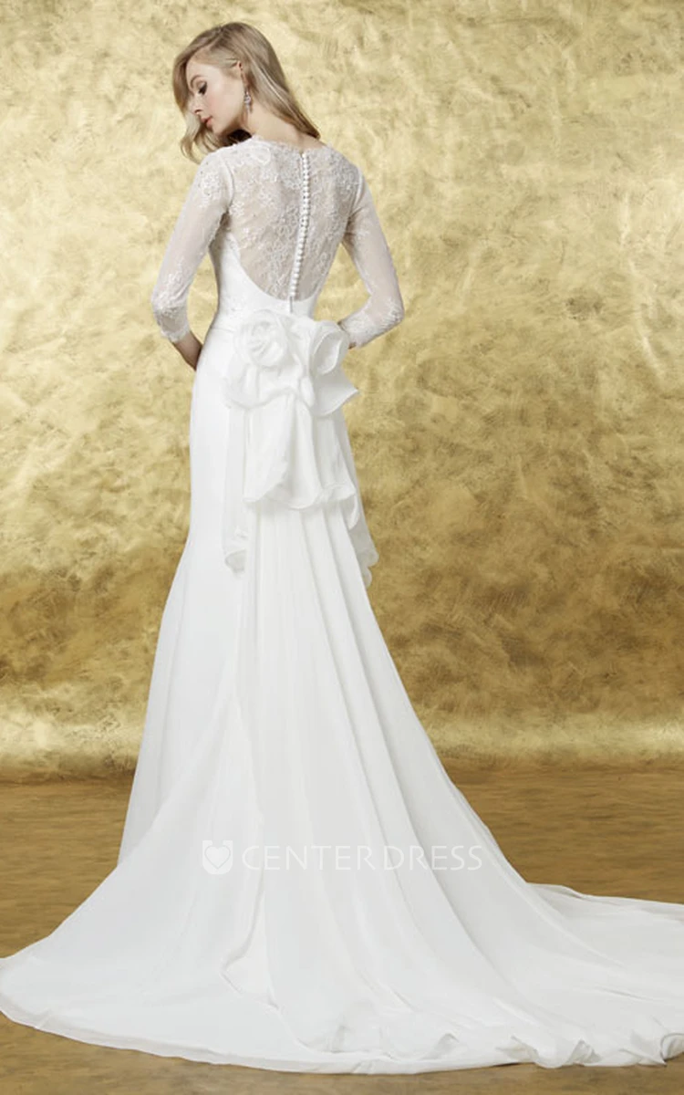 A-Line 3-4 Sleeve High Neck Floral Chiffon Wedding Dress