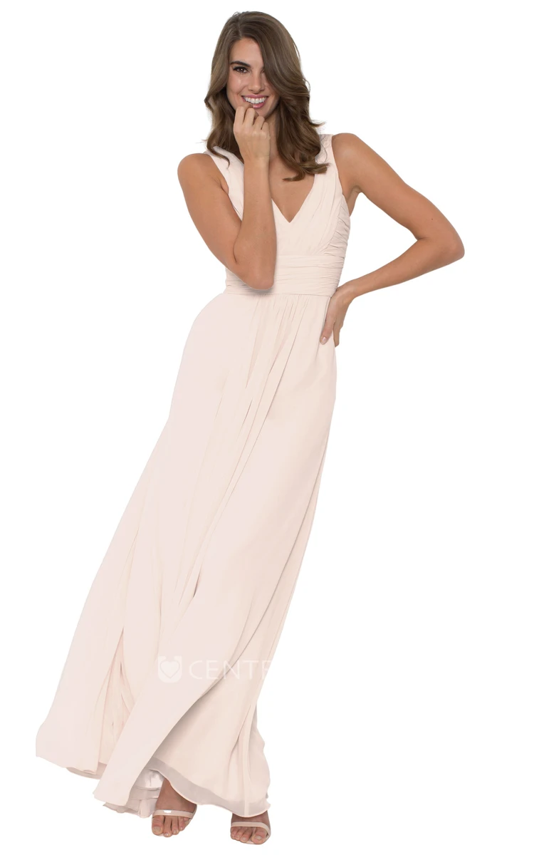 Ruched V-Neck Sleeveless Chiffon Muti-Color Convertible Bridesmaid Dress With Straps