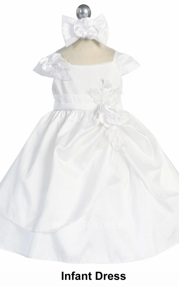 Ankle-Length Floral Tiered Lace&Taffeta Flower Girl Dress With Sash
