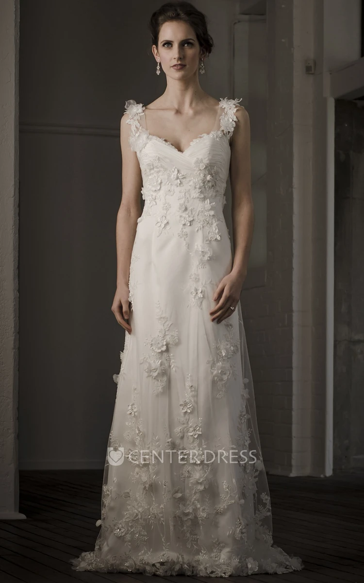 Sheath V-Neck Floor-Length Sleeveless Floral Wedding Dress With Appliques
