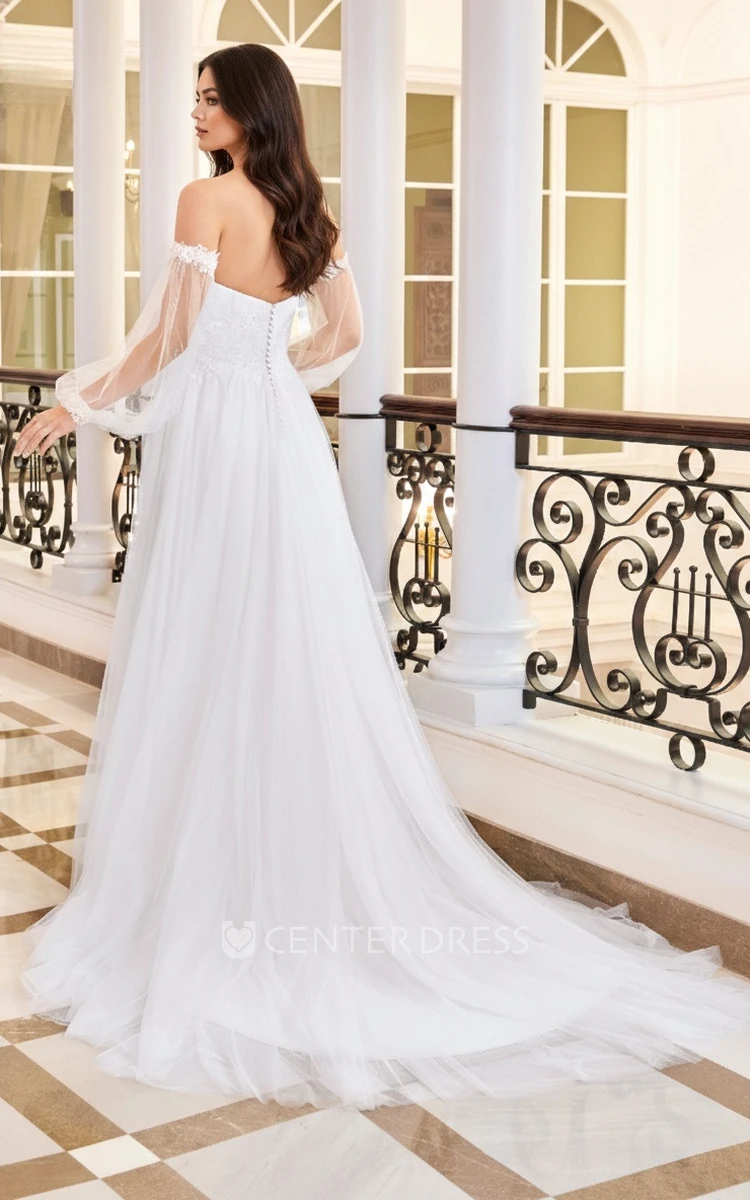 Modern Floral A-Line Boho Lace off the Shoulder Floor Length Spring Wedding Dress Ethereal Elegant Ballon Sleeve Plunging Neckline Sweep Train Bridal Gown