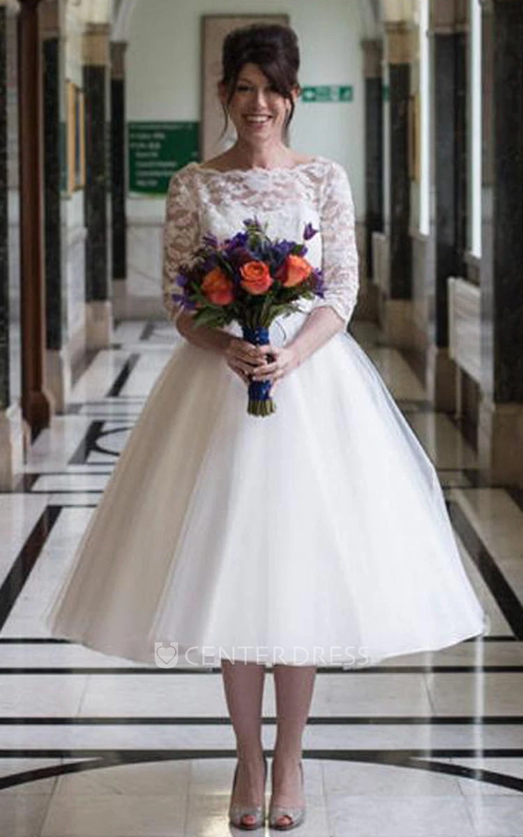1950s Tea-Length A-line 3/4 Length Sleeve Tulle Lace Wedding Dress
