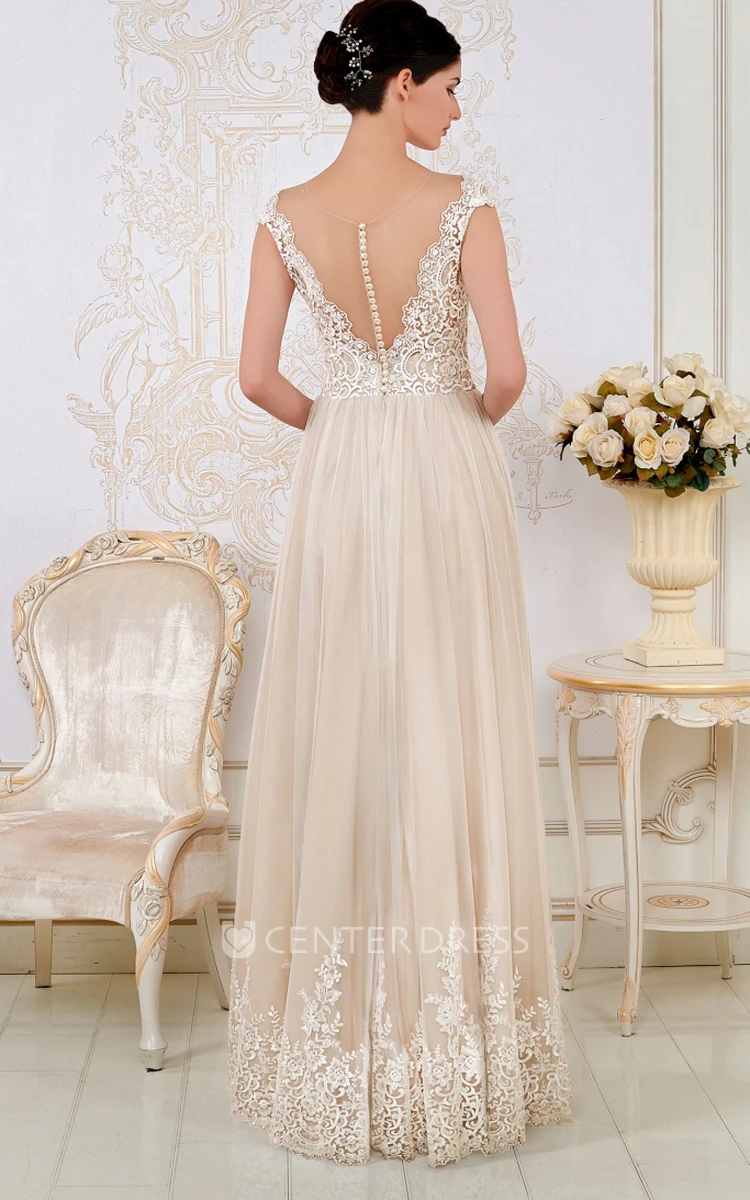 Sheath Maxi Appliqued Cap-Sleeve Bateau-Neck Lace Wedding Dress