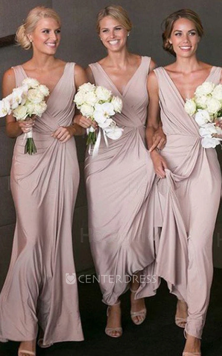 A Line Sleeveless Jersey Casual Bridesmaid Dress with Pick Up and Ruching