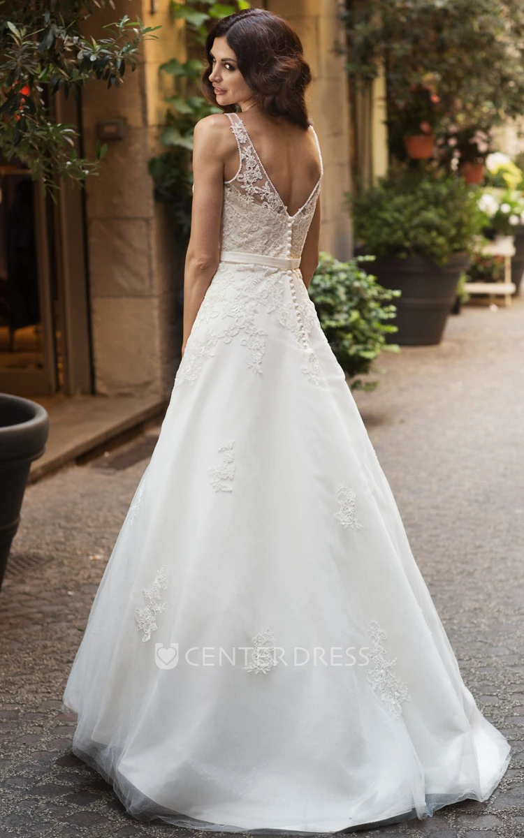 A-Line V-Neck Sleeveless Appliqued Long Lace&Satin Wedding Dress