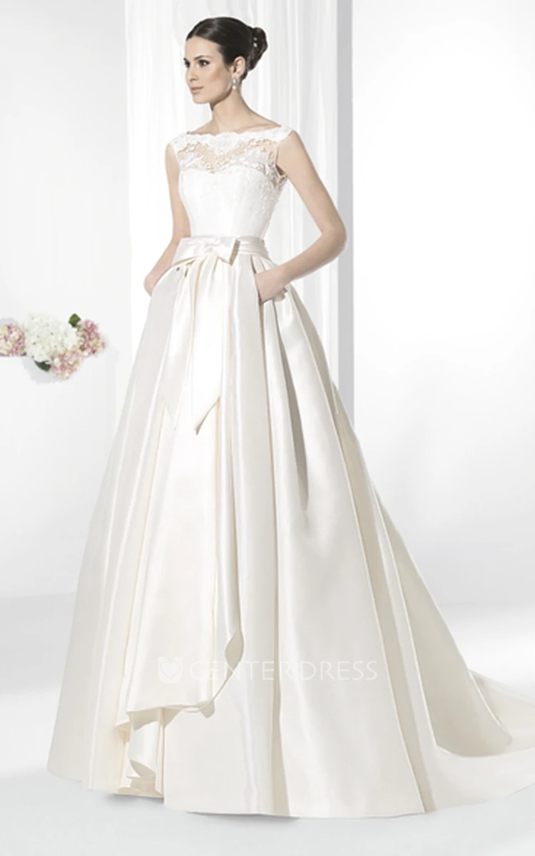 A-Line Lace Bateau-Neck Floor-Length Sleeveless Satin Wedding Dress With Draping And Bow