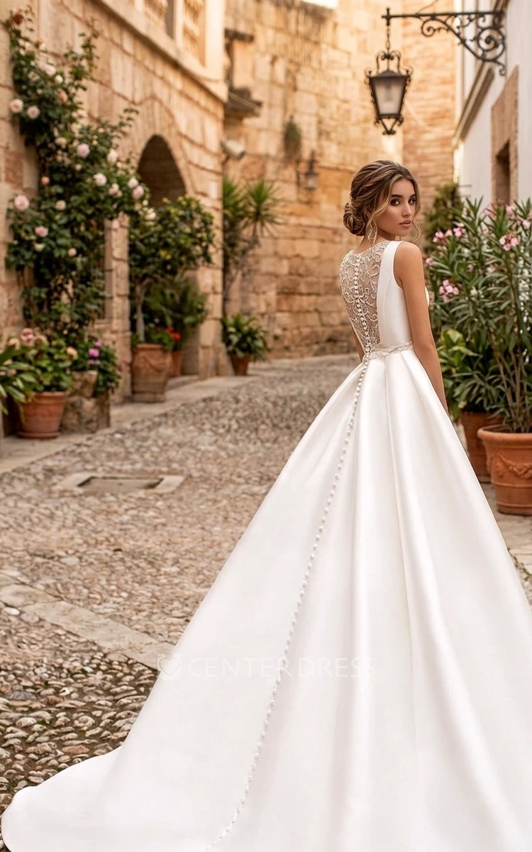 Simple Modern A-Line Satin Spring Wedding Dress Elegant Solid Sleeveless Bridal Gown with Lace Button Back
