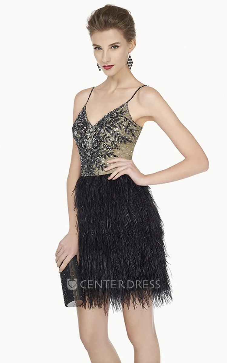 Sexy V Neck Mini Feather Prom Dress With Beaded Spaghetti Straps And Top