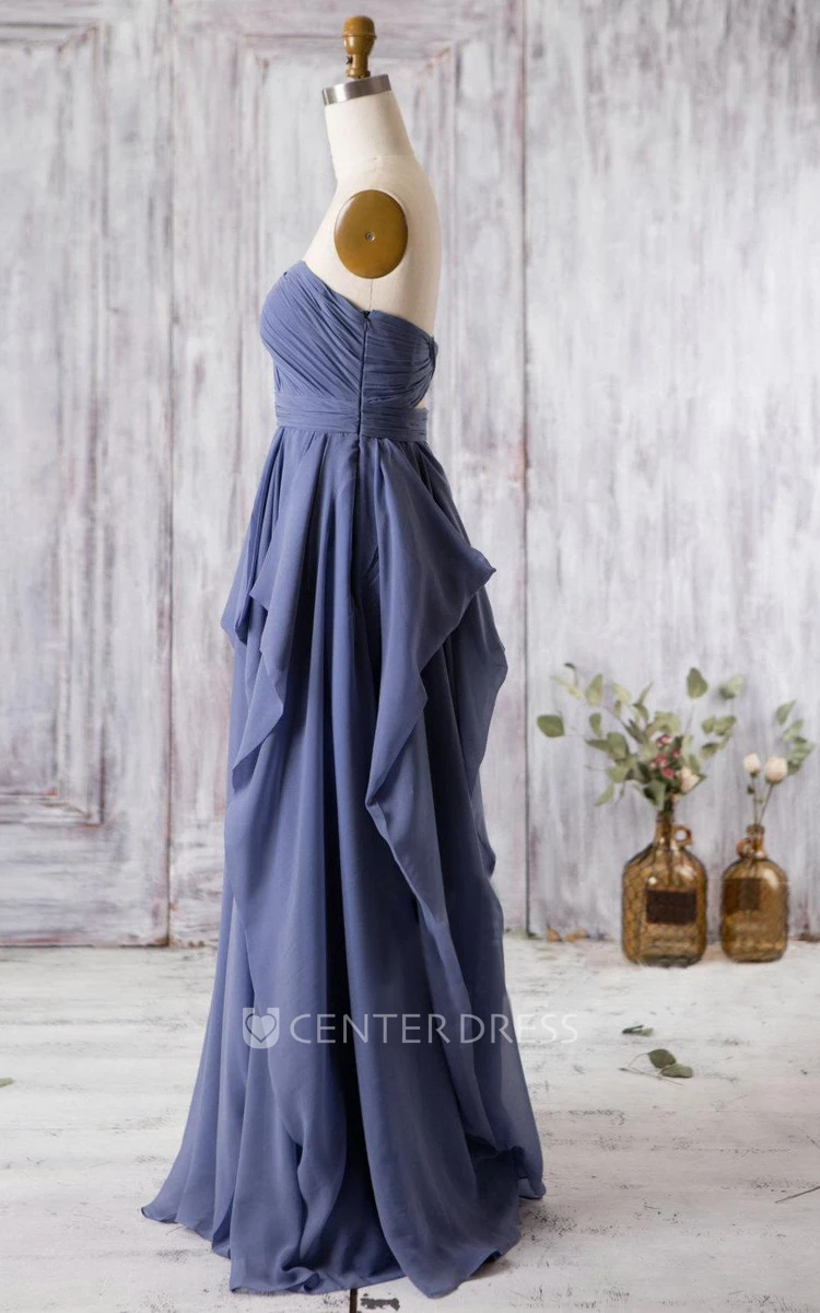 Sweetheart Empire Pleated A-line Chiffon Long Dress With Ruffles and Keyhole