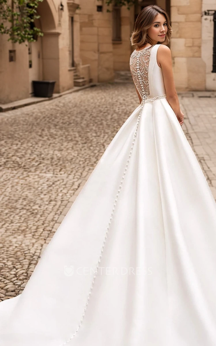 Simple Modern A-Line Satin Wedding Dress Elegant Solid Sleeveless Bridal Gown with Lace Button Back