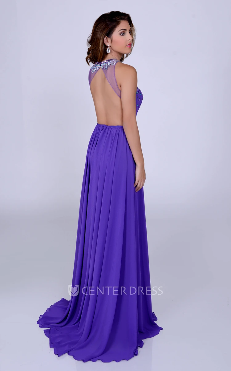 A-Line Chiffon Sleeveless Prom Dress With Rhinestone Neck And Sequined Bust