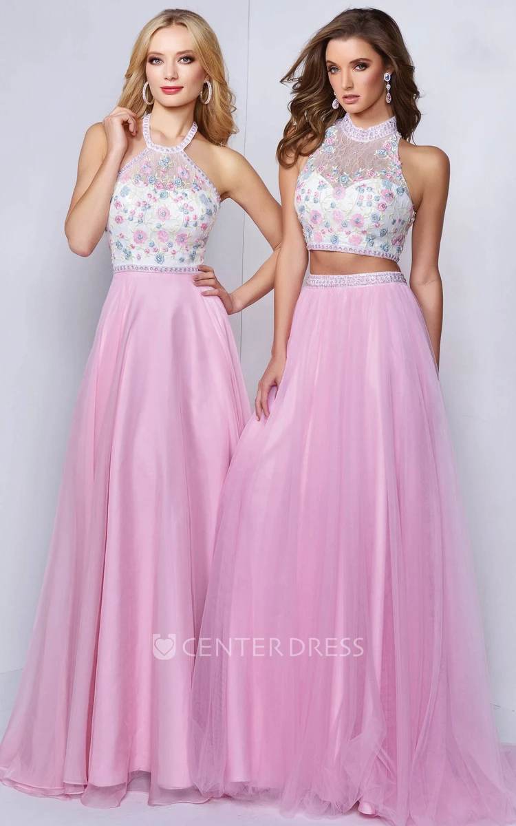 A-Line Maxi Halter Sleeveless Backless Dress With Appliques And Flower