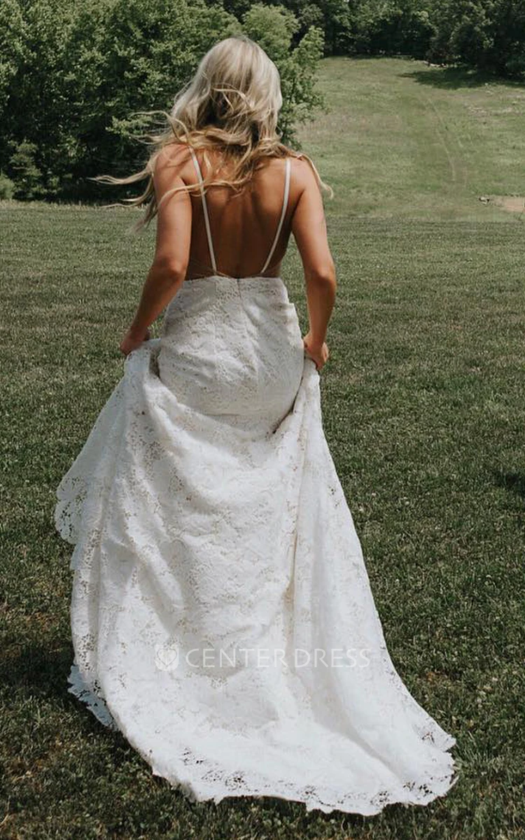 Casual Beach Wedding Dress Spaghetti V-neck Mermaid Lace with Train and Country Garden Style